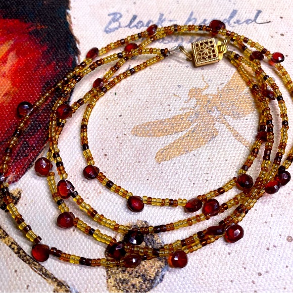 Jewelry - Double Strand Authentic Polished Cut Garnet Beaded Necklace 14K Gold Clasp